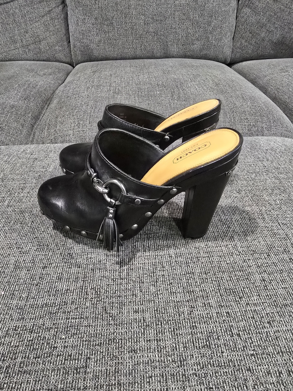 Coach Black Leather Tassel Clog Heels